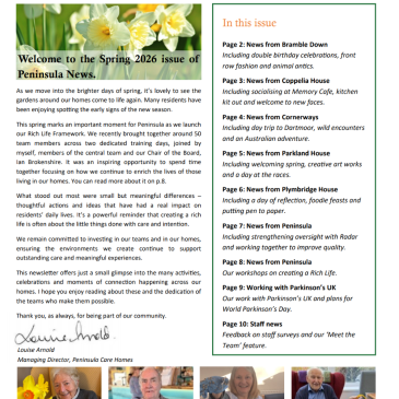 Page introducing Peninsula's spring newsletter with events across our care homes