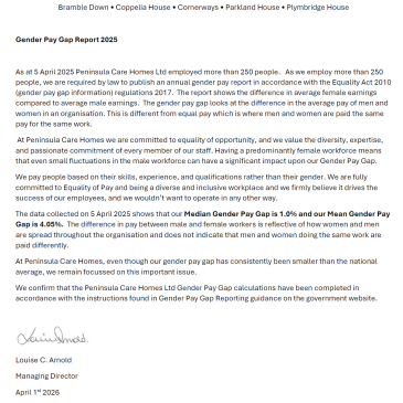 Letter detailing the companies Gender Pay Gap information 